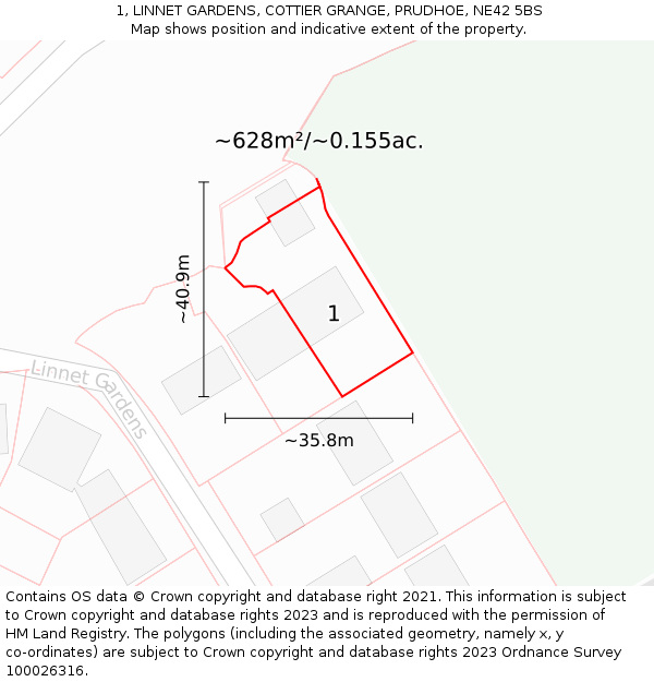 1, LINNET GARDENS, COTTIER GRANGE, PRUDHOE, NE42 5BS: Plot and title map
