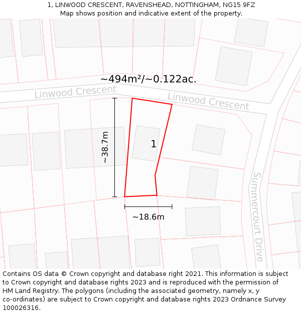1, LINWOOD CRESCENT, RAVENSHEAD, NOTTINGHAM, NG15 9FZ: Plot and title map