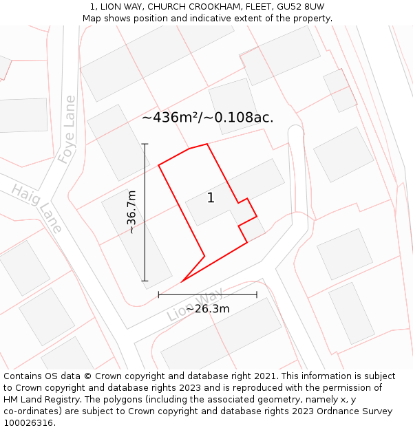 1, LION WAY, CHURCH CROOKHAM, FLEET, GU52 8UW: Plot and title map