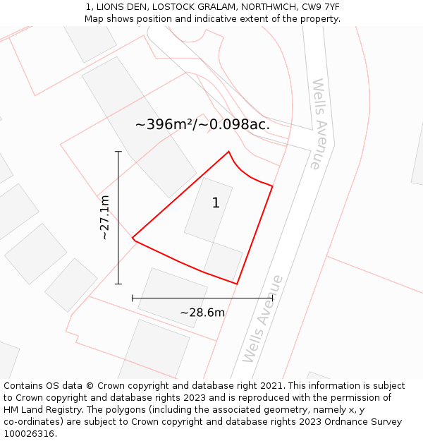 1, LIONS DEN, LOSTOCK GRALAM, NORTHWICH, CW9 7YF: Plot and title map