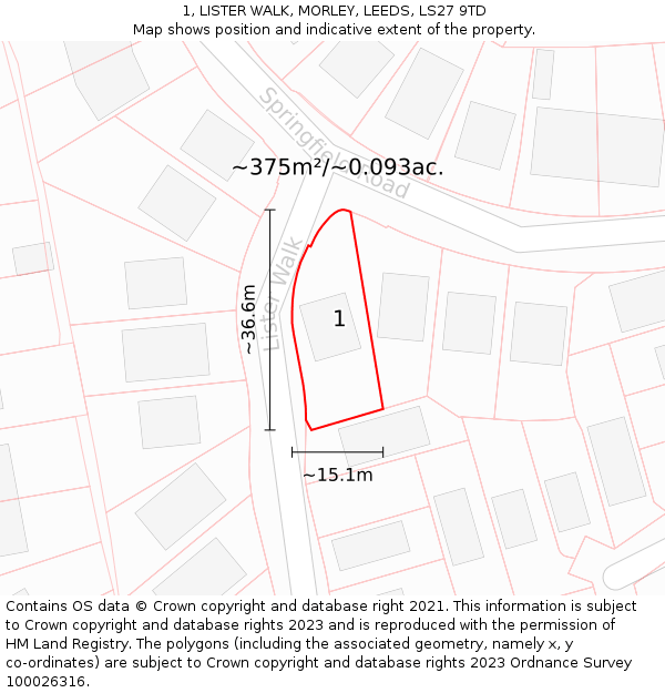 1, LISTER WALK, MORLEY, LEEDS, LS27 9TD: Plot and title map