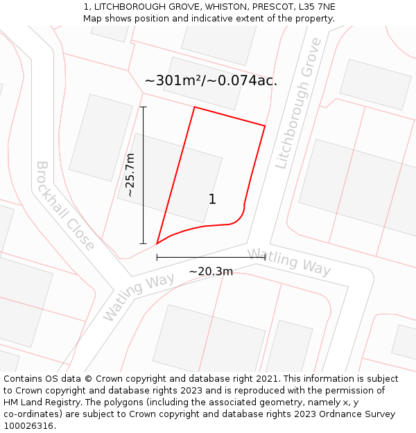 1, LITCHBOROUGH GROVE, WHISTON, PRESCOT, L35 7NE: Plot and title map