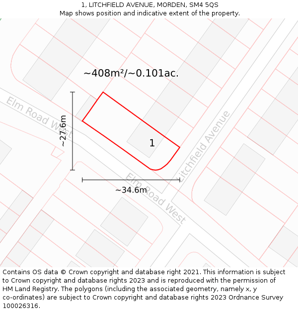1, LITCHFIELD AVENUE, MORDEN, SM4 5QS: Plot and title map