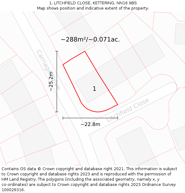 1, LITCHFIELD CLOSE, KETTERING, NN16 9BS: Plot and title map