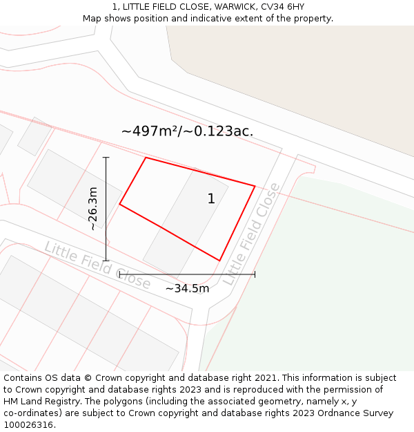 1, LITTLE FIELD CLOSE, WARWICK, CV34 6HY: Plot and title map