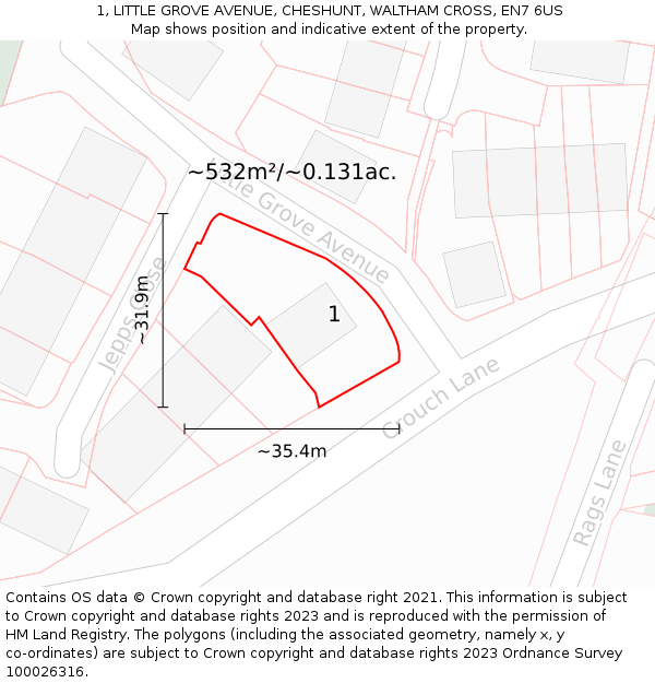 1, LITTLE GROVE AVENUE, CHESHUNT, WALTHAM CROSS, EN7 6US: Plot and title map