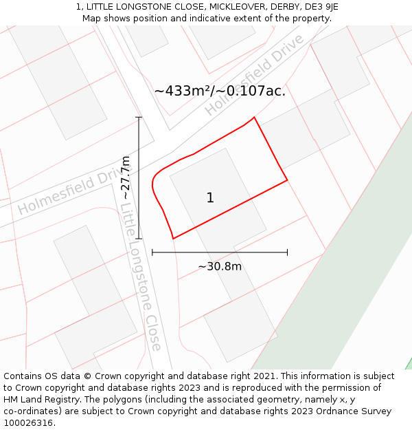 1, LITTLE LONGSTONE CLOSE, MICKLEOVER, DERBY, DE3 9JE: Plot and title map