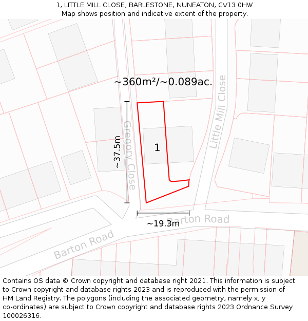 1, LITTLE MILL CLOSE, BARLESTONE, NUNEATON, CV13 0HW: Plot and title map