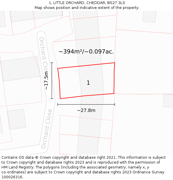 1, LITTLE ORCHARD, CHEDDAR, BS27 3LS: Plot and title map