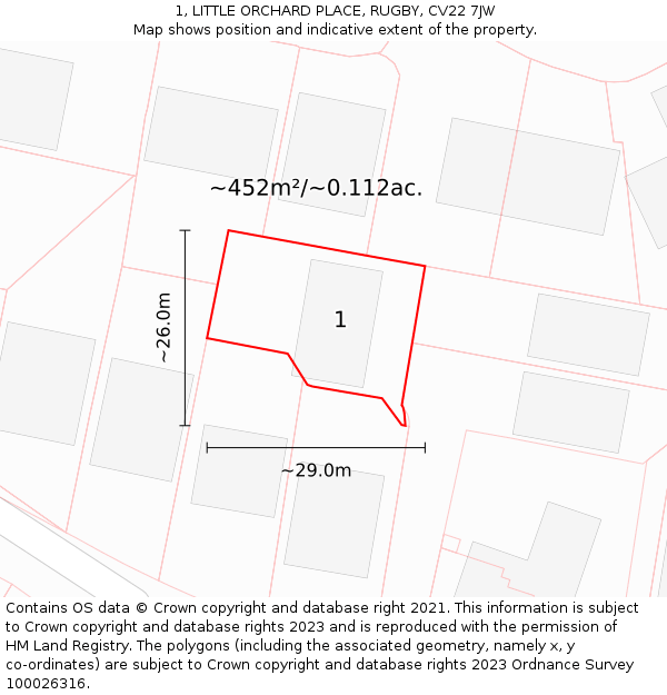 1, LITTLE ORCHARD PLACE, RUGBY, CV22 7JW: Plot and title map