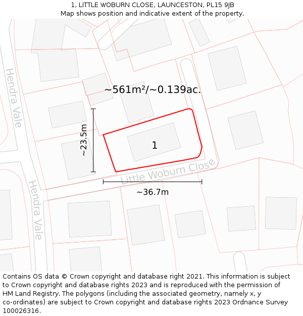 1, LITTLE WOBURN CLOSE, LAUNCESTON, PL15 9JB: Plot and title map