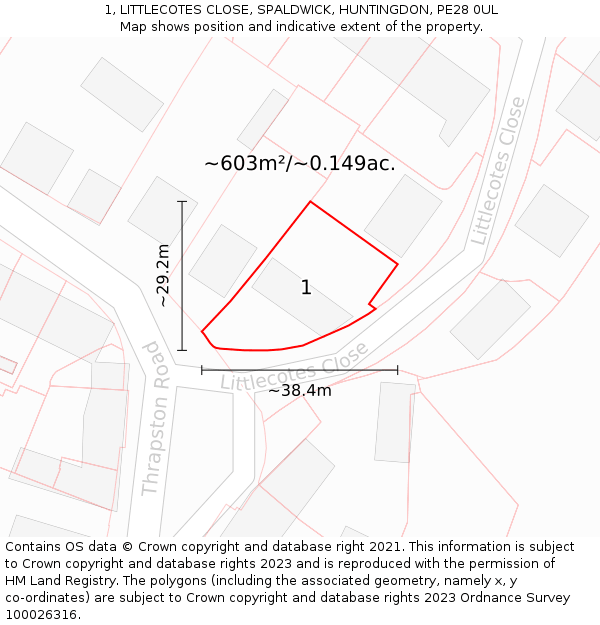 1, LITTLECOTES CLOSE, SPALDWICK, HUNTINGDON, PE28 0UL: Plot and title map
