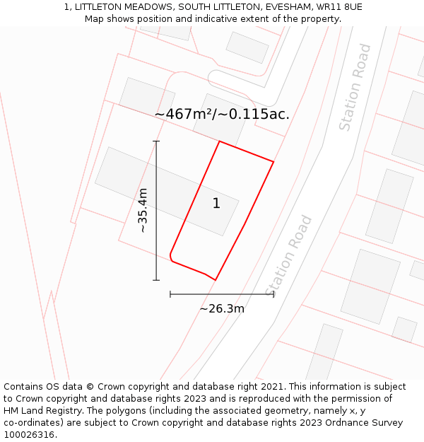 1, LITTLETON MEADOWS, SOUTH LITTLETON, EVESHAM, WR11 8UE: Plot and title map