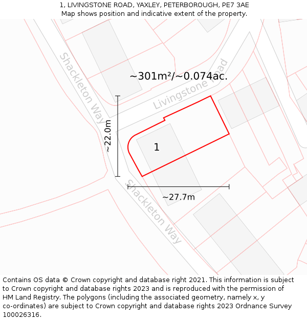 1, LIVINGSTONE ROAD, YAXLEY, PETERBOROUGH, PE7 3AE: Plot and title map