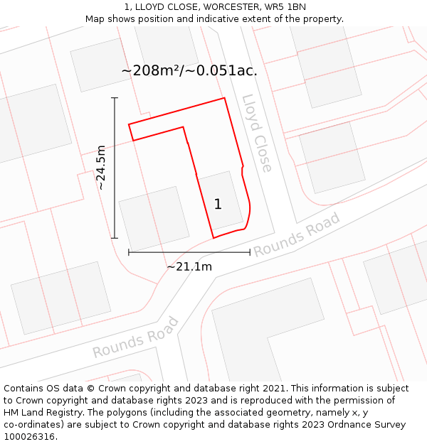 1, LLOYD CLOSE, WORCESTER, WR5 1BN: Plot and title map