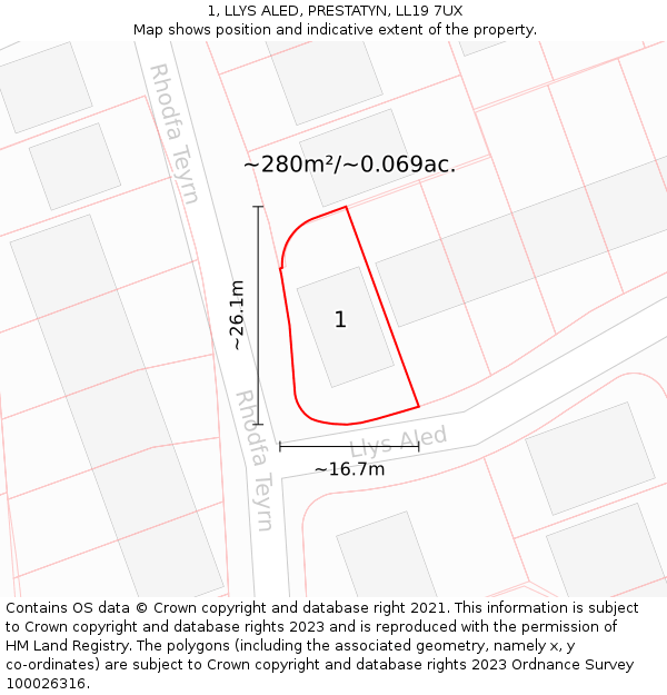 1, LLYS ALED, PRESTATYN, LL19 7UX: Plot and title map