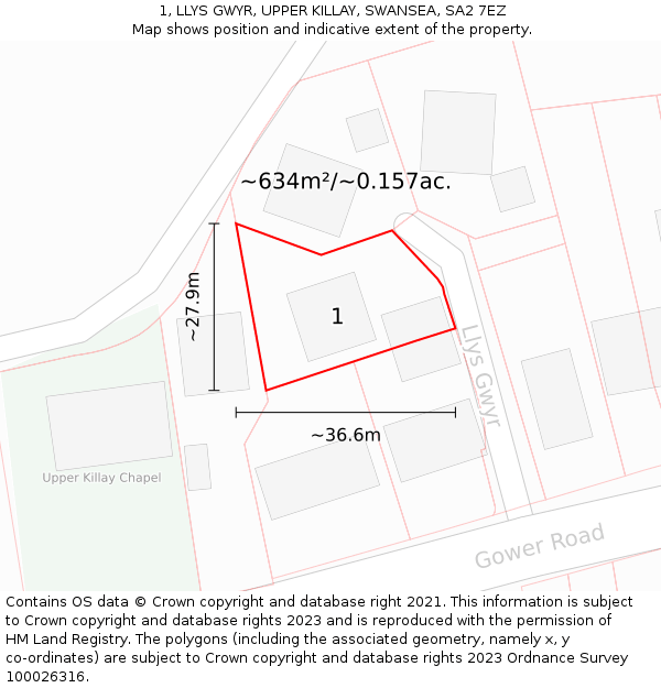 1, LLYS GWYR, UPPER KILLAY, SWANSEA, SA2 7EZ: Plot and title map