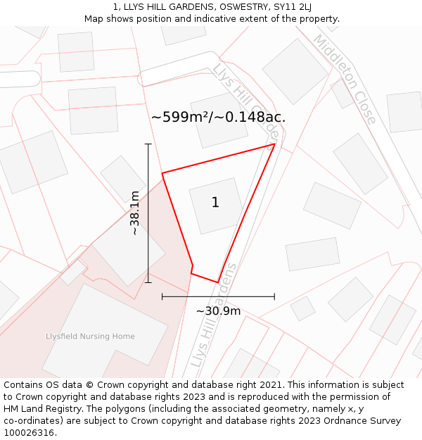 1, LLYS HILL GARDENS, OSWESTRY, SY11 2LJ: Plot and title map