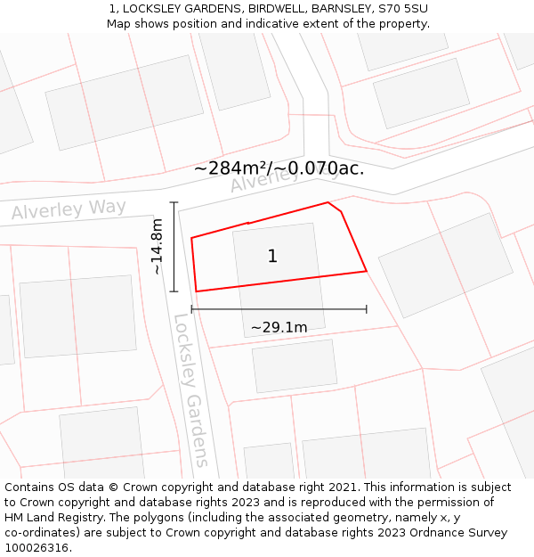 1, LOCKSLEY GARDENS, BIRDWELL, BARNSLEY, S70 5SU: Plot and title map