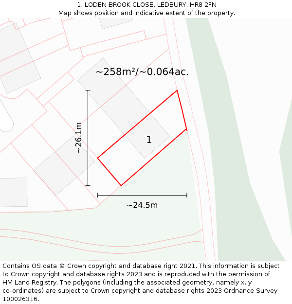 1, LODEN BROOK CLOSE, LEDBURY, HR8 2FN: Plot and title map