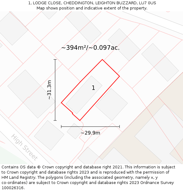 1, LODGE CLOSE, CHEDDINGTON, LEIGHTON BUZZARD, LU7 0US: Plot and title map