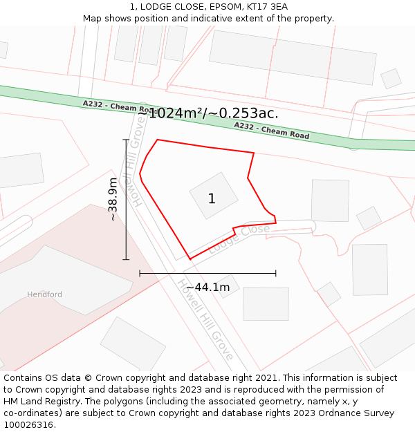 1, LODGE CLOSE, EPSOM, KT17 3EA: Plot and title map