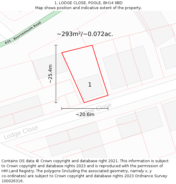 1, LODGE CLOSE, POOLE, BH14 9BD: Plot and title map