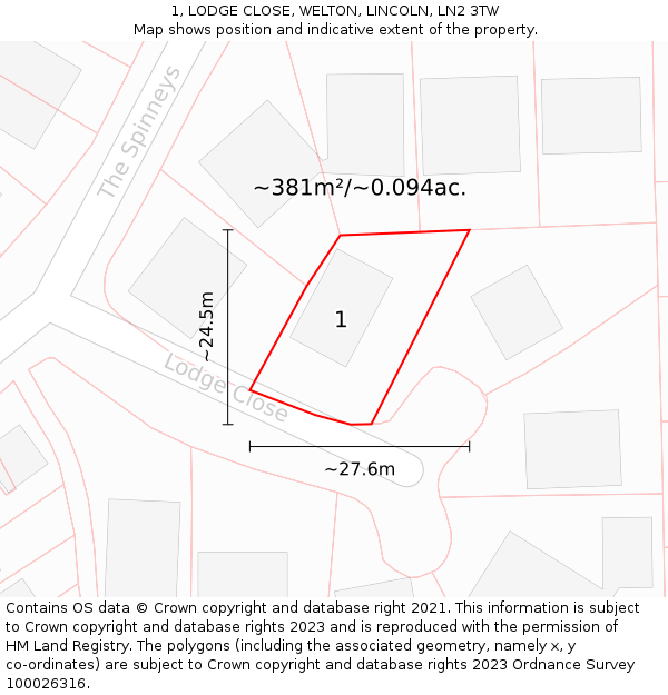 1, LODGE CLOSE, WELTON, LINCOLN, LN2 3TW: Plot and title map