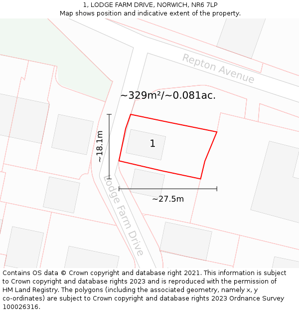 1, LODGE FARM DRIVE, NORWICH, NR6 7LP: Plot and title map