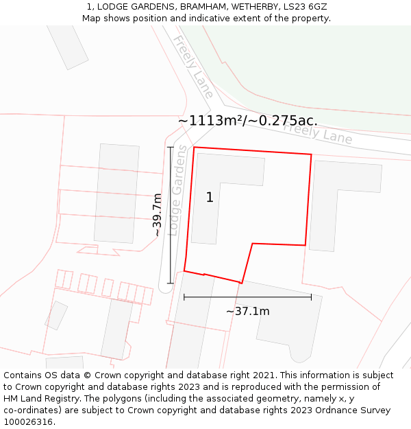 1, LODGE GARDENS, BRAMHAM, WETHERBY, LS23 6GZ: Plot and title map
