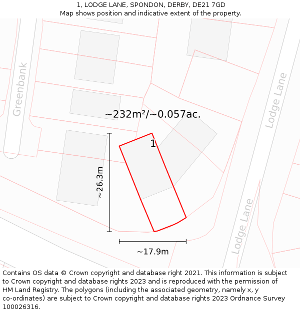 1, LODGE LANE, SPONDON, DERBY, DE21 7GD: Plot and title map