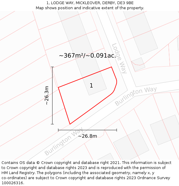 1, LODGE WAY, MICKLEOVER, DERBY, DE3 9BE: Plot and title map