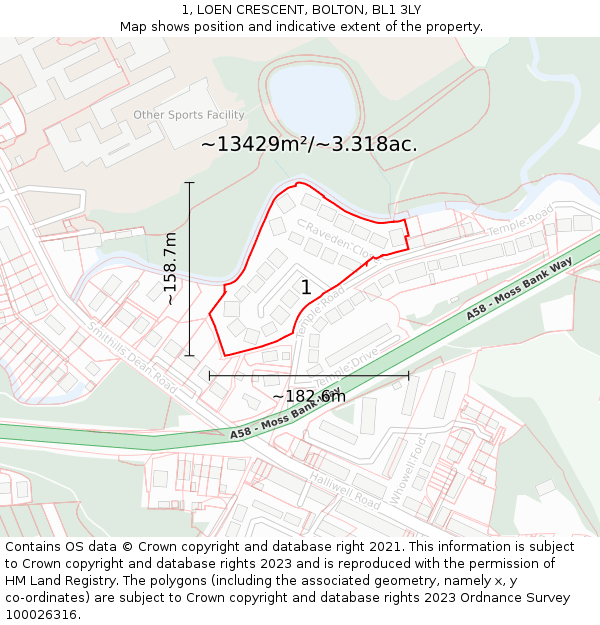 1, LOEN CRESCENT, BOLTON, BL1 3LY: Plot and title map