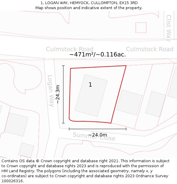 1, LOGAN WAY, HEMYOCK, CULLOMPTON, EX15 3RD: Plot and title map