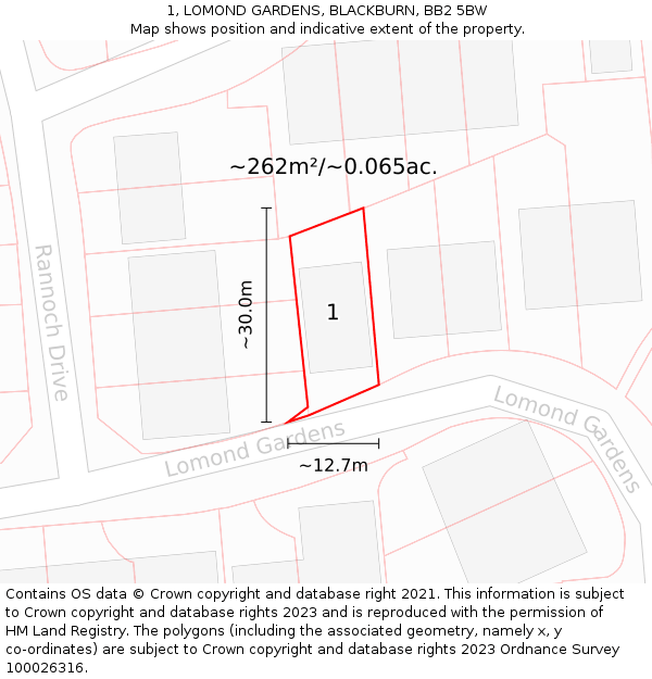 1, LOMOND GARDENS, BLACKBURN, BB2 5BW: Plot and title map