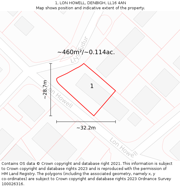 1, LON HOWELL, DENBIGH, LL16 4AN: Plot and title map
