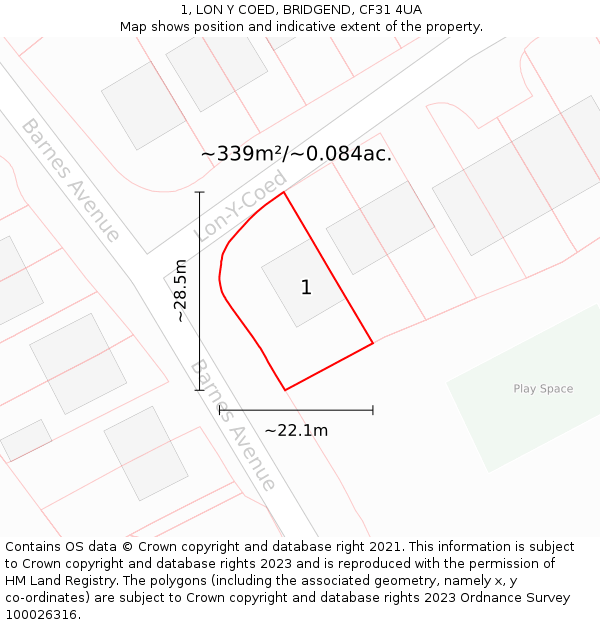 1, LON Y COED, BRIDGEND, CF31 4UA: Plot and title map