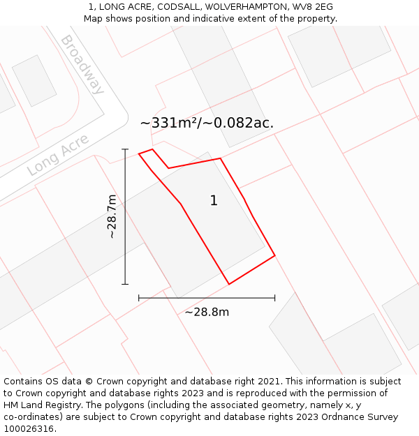 1, LONG ACRE, CODSALL, WOLVERHAMPTON, WV8 2EG: Plot and title map