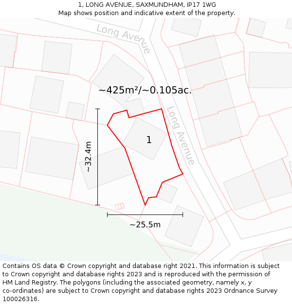 1, LONG AVENUE, SAXMUNDHAM, IP17 1WG: Plot and title map