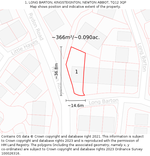 1, LONG BARTON, KINGSTEIGNTON, NEWTON ABBOT, TQ12 3QP: Plot and title map