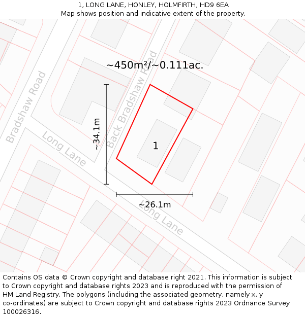 1, LONG LANE, HONLEY, HOLMFIRTH, HD9 6EA: Plot and title map