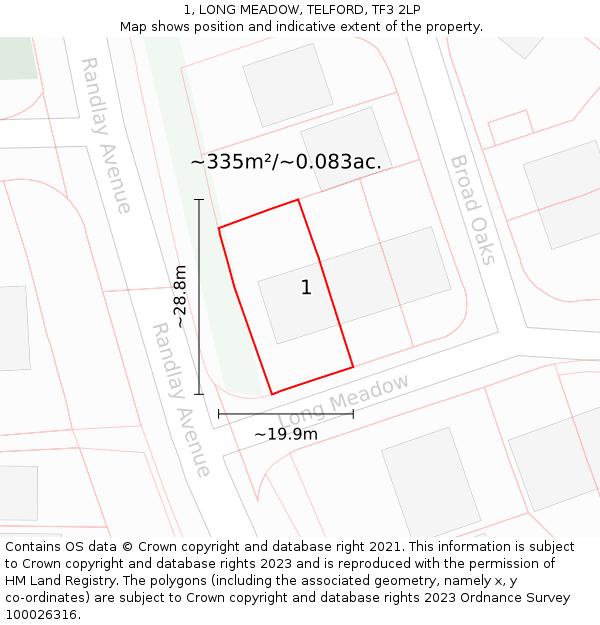 1, LONG MEADOW, TELFORD, TF3 2LP: Plot and title map