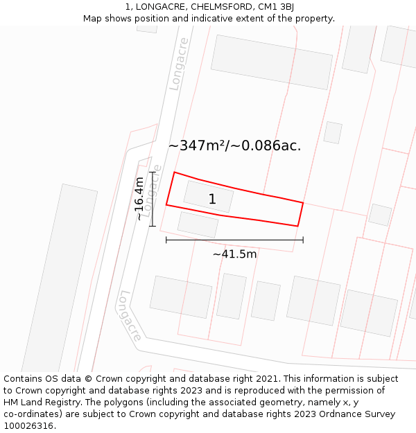 1, LONGACRE, CHELMSFORD, CM1 3BJ: Plot and title map