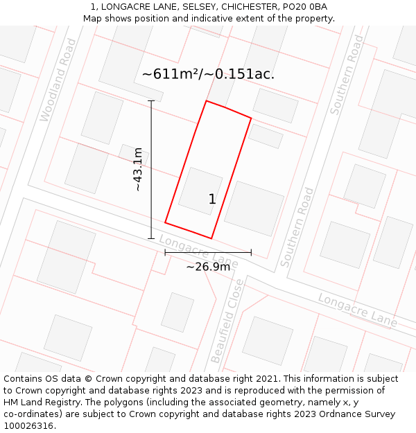 1, LONGACRE LANE, SELSEY, CHICHESTER, PO20 0BA: Plot and title map