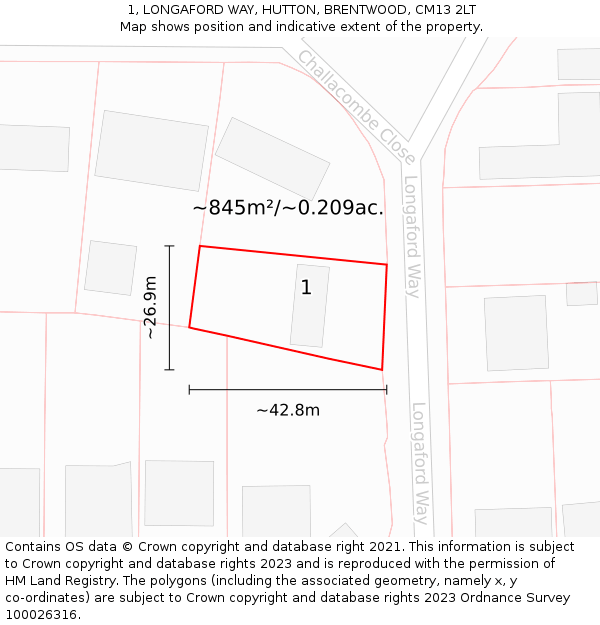 1, LONGAFORD WAY, HUTTON, BRENTWOOD, CM13 2LT: Plot and title map