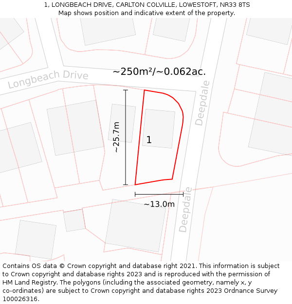 1, LONGBEACH DRIVE, CARLTON COLVILLE, LOWESTOFT, NR33 8TS: Plot and title map