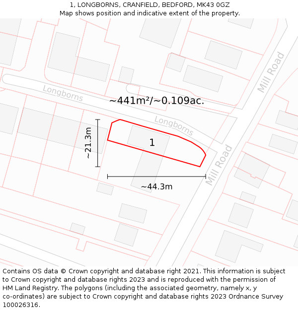 1, LONGBORNS, CRANFIELD, BEDFORD, MK43 0GZ: Plot and title map