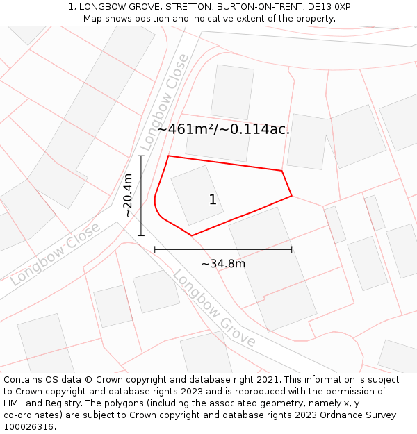 1, LONGBOW GROVE, STRETTON, BURTON-ON-TRENT, DE13 0XP: Plot and title map