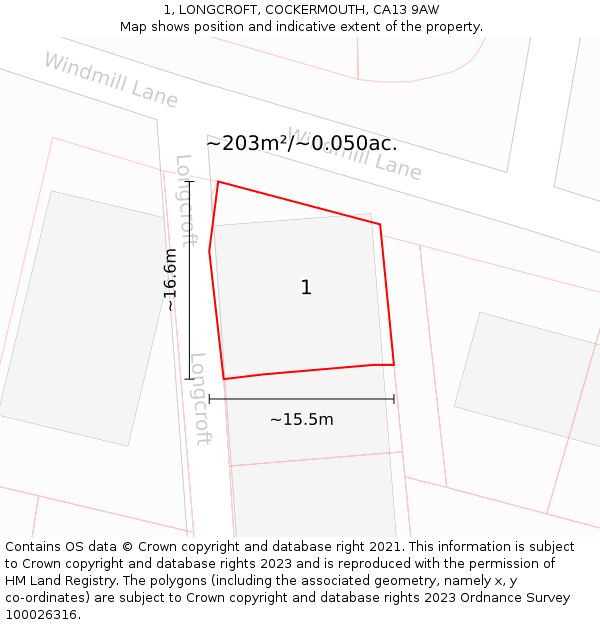 1, LONGCROFT, COCKERMOUTH, CA13 9AW: Plot and title map