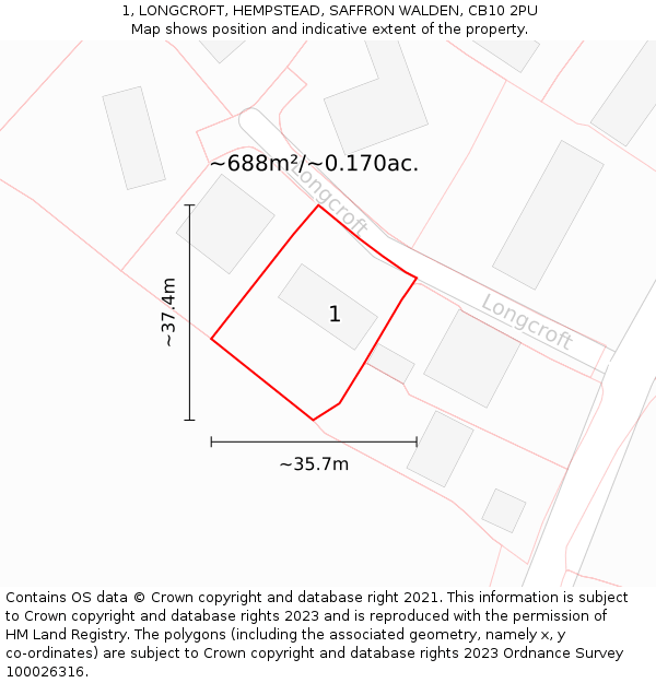 1, LONGCROFT, HEMPSTEAD, SAFFRON WALDEN, CB10 2PU: Plot and title map
